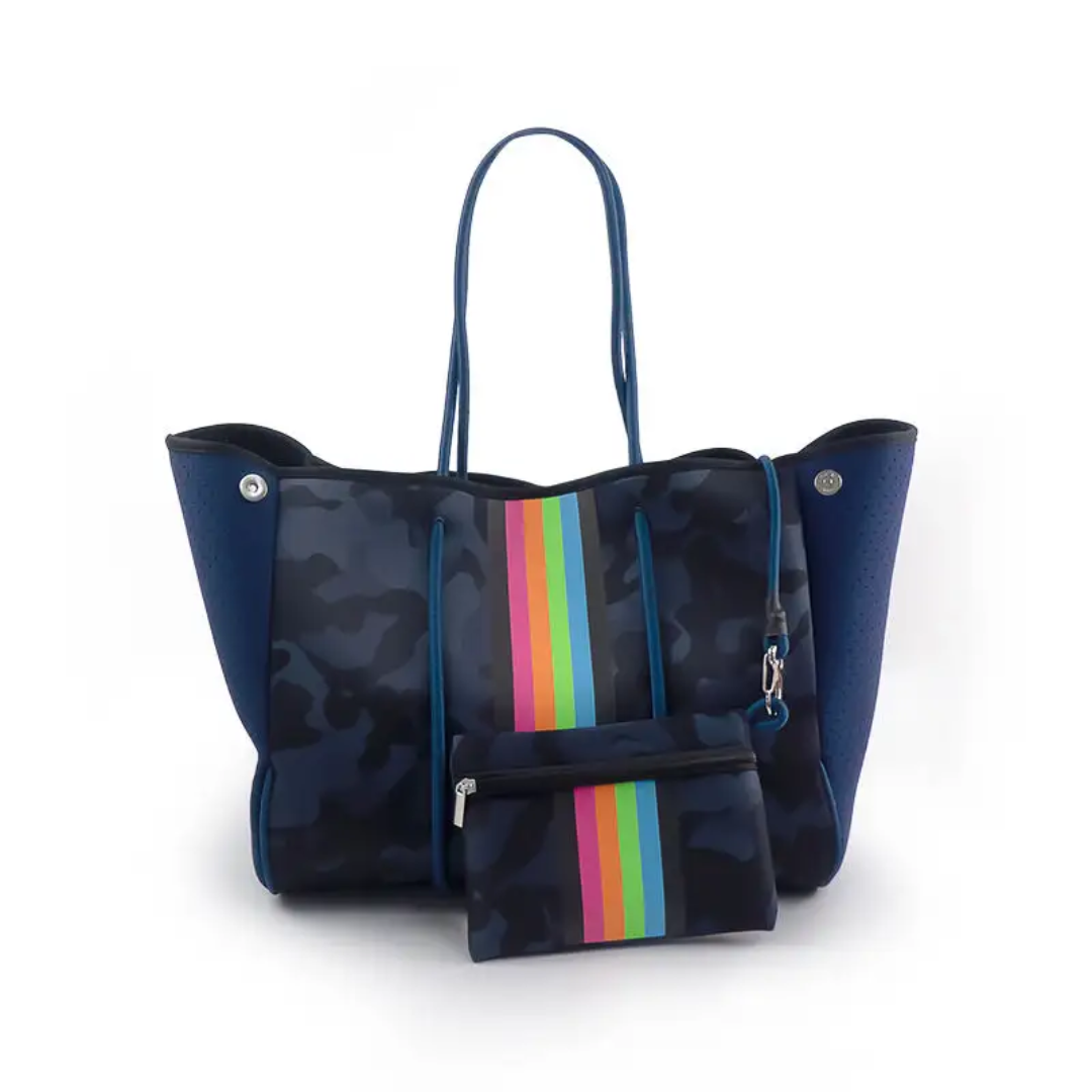 Camo Neoprene Large Tote with detachable pouch - Navy Blue/Black