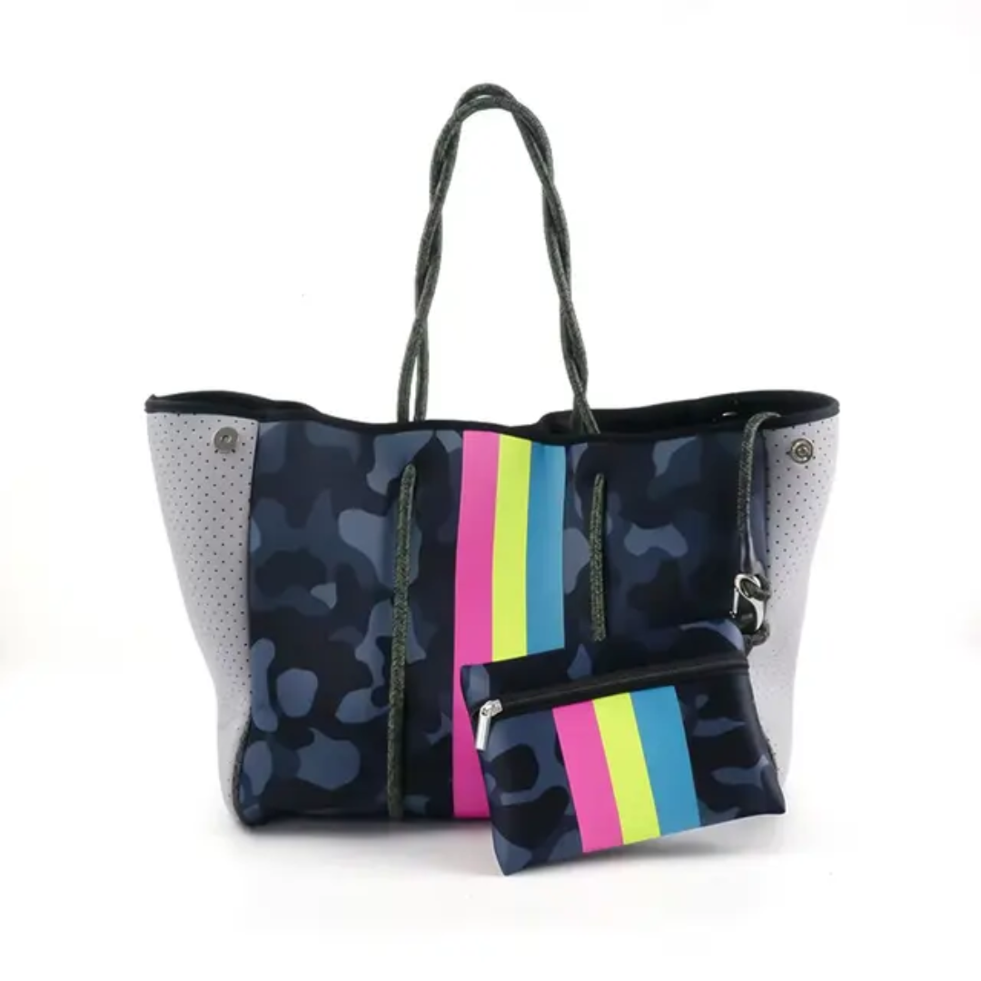 Printed Camo Neoprene Tote (Large) with detachable pouch - Blue/Grey