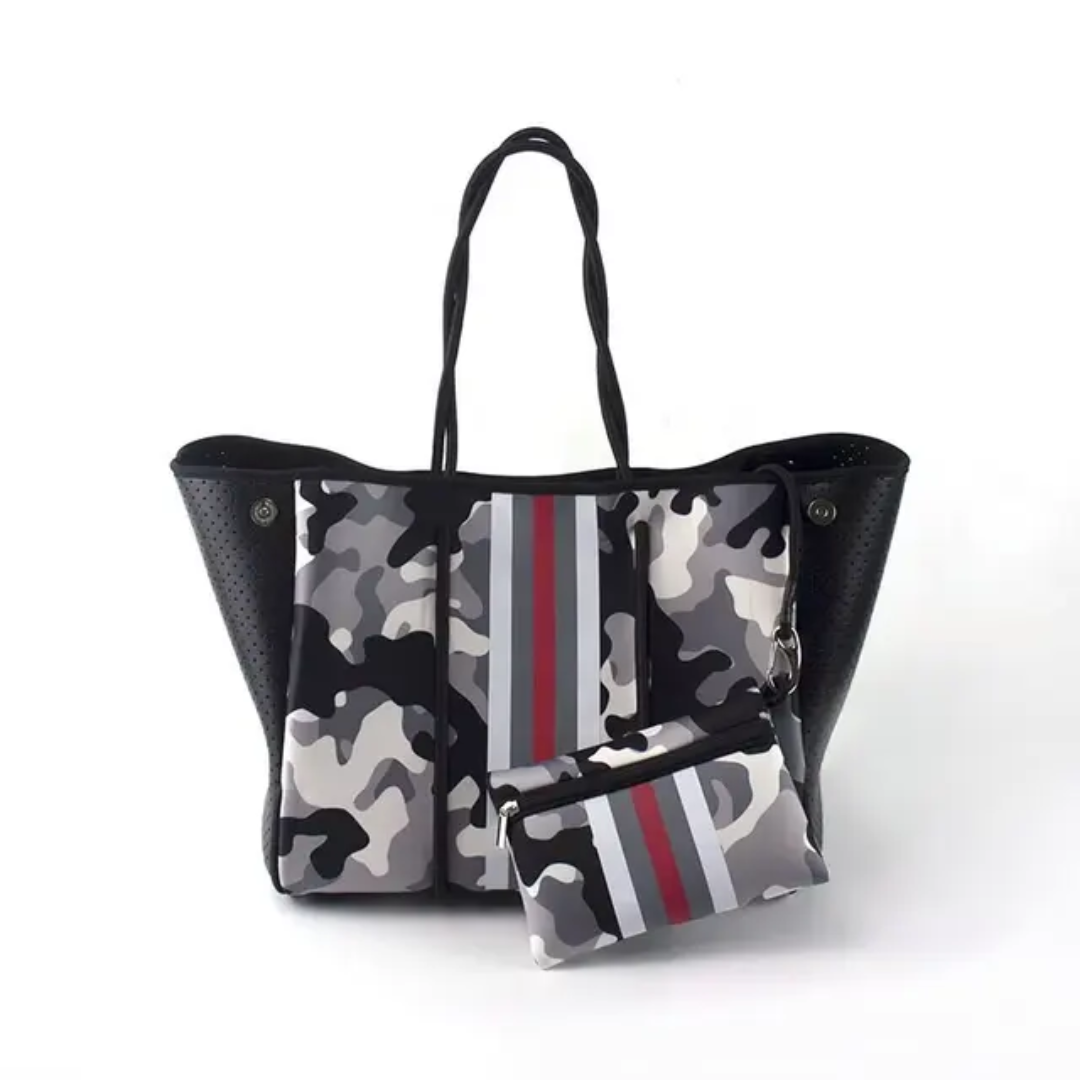 Camouflage print Neoprene Tote (Large) with detachable pouch - Black/Red