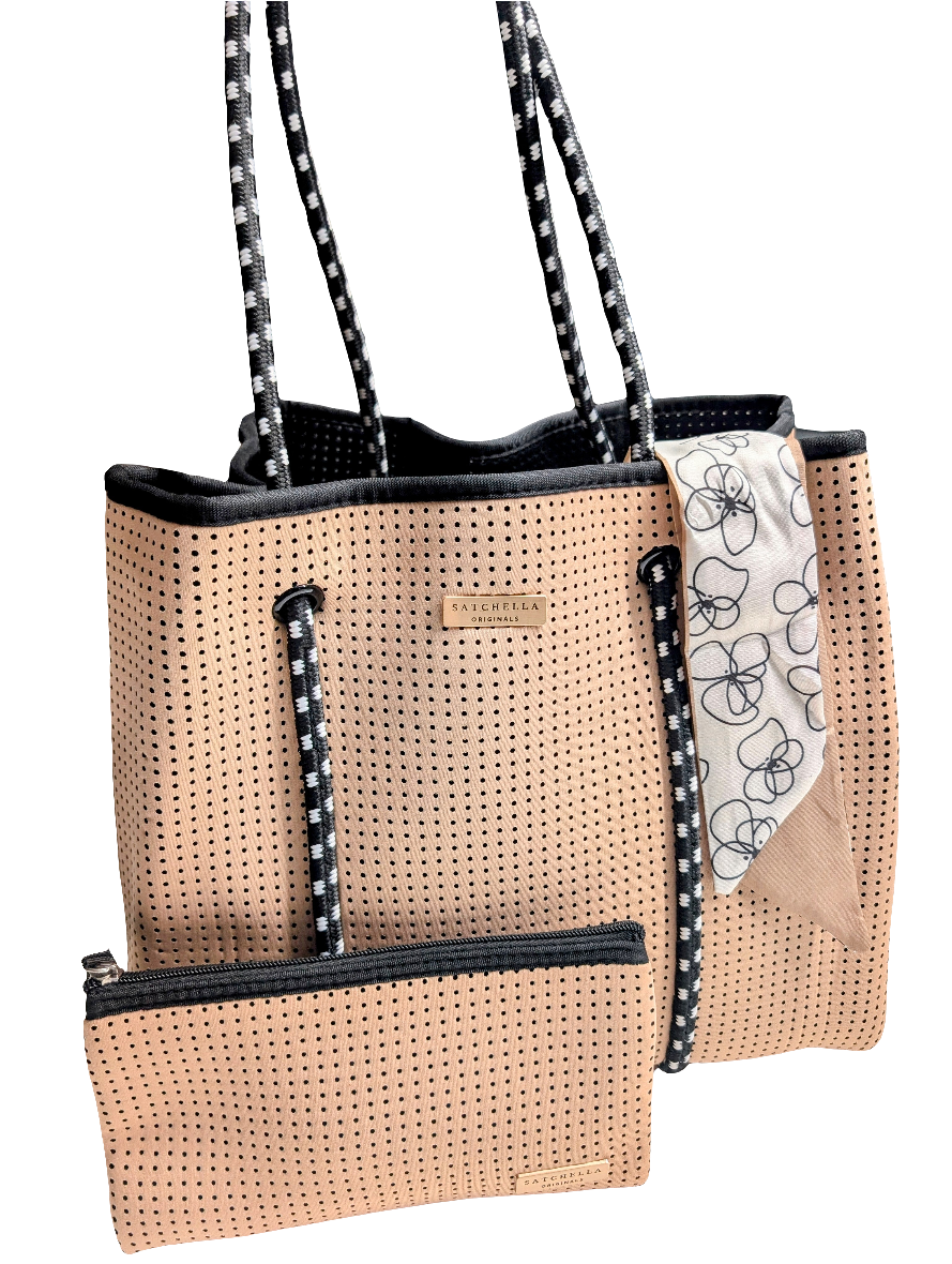 Nude Neoprene Tote (Medium) with pouch and ribbon scarf - by Satchella Originals
