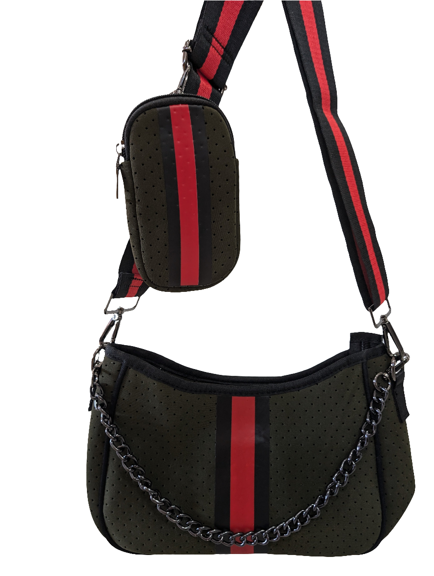 Handbag Neoprene with pouch - Army Green/Red
