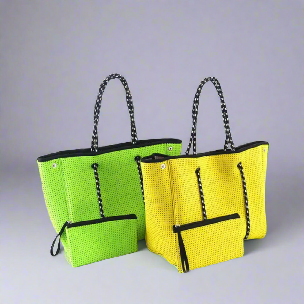 Neon Green Neoprene Tote (Medium) with pouch and ribbon scarf - by Satchella Originals