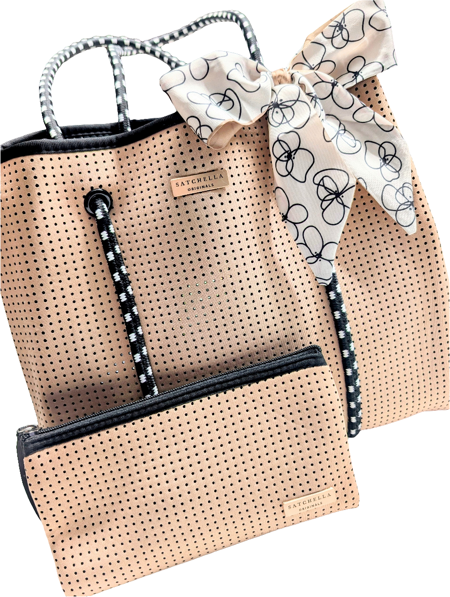 Nude Neoprene Tote (Medium) with pouch and ribbon scarf - by Satchella Originals
