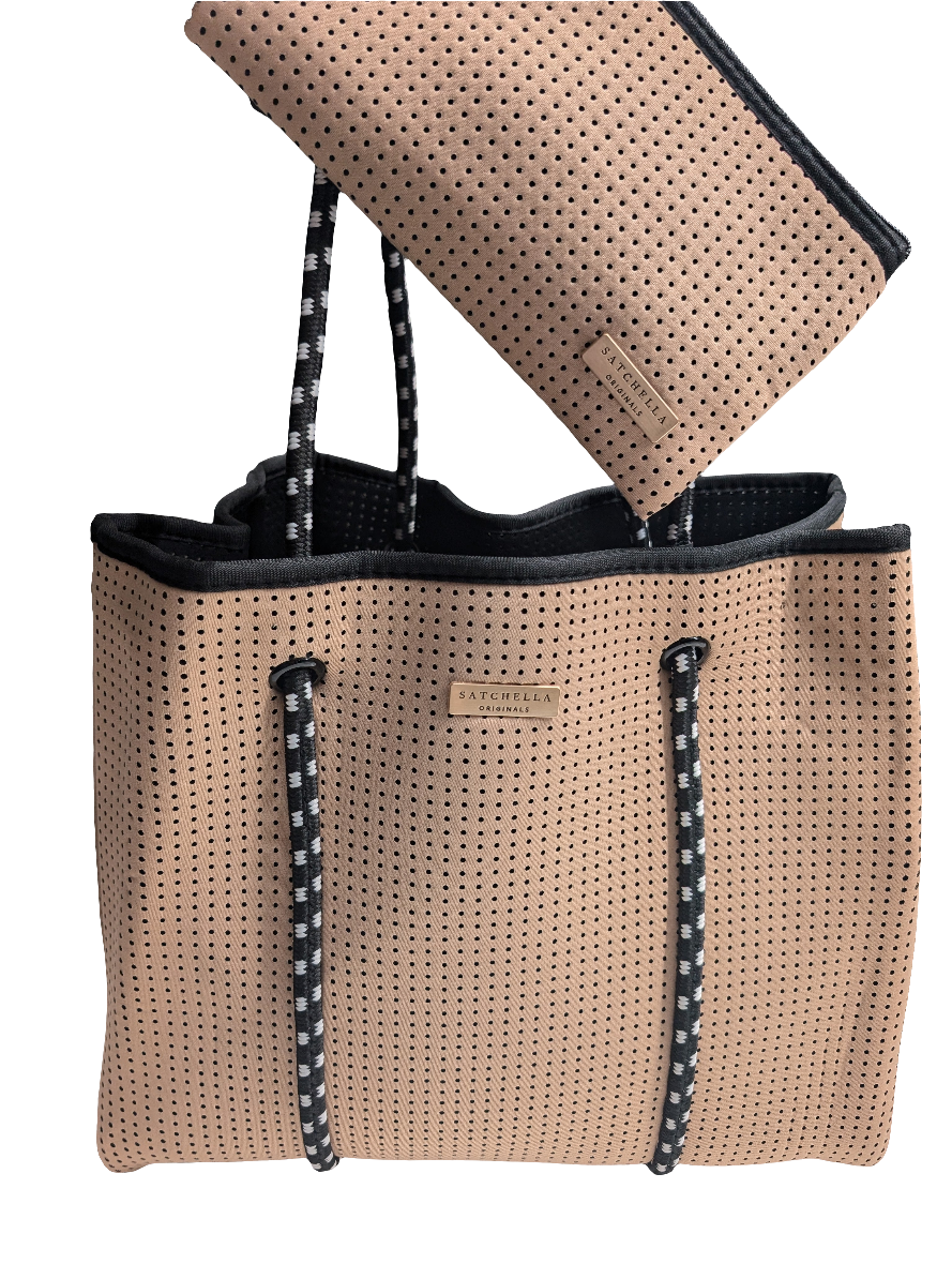 Nude Neoprene Tote (Medium) with pouch and ribbon scarf - by Satchella Originals