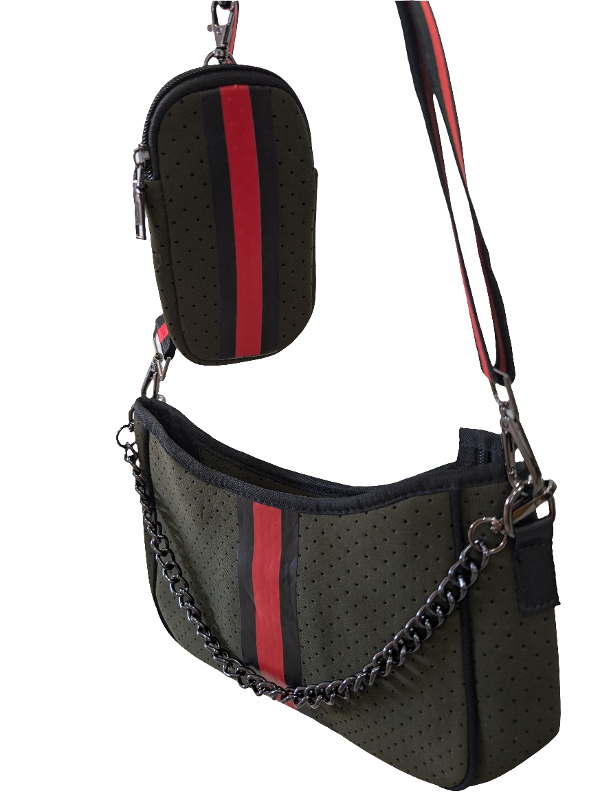 Handbag Neoprene with pouch - Army Green/Red