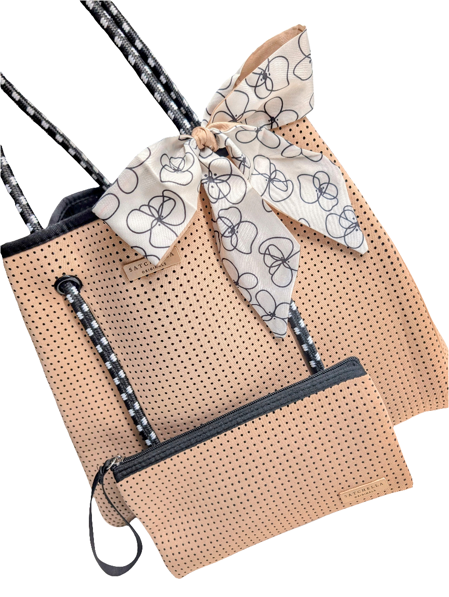 Nude Neoprene Tote (Medium) with pouch and ribbon scarf - by Satchella Originals