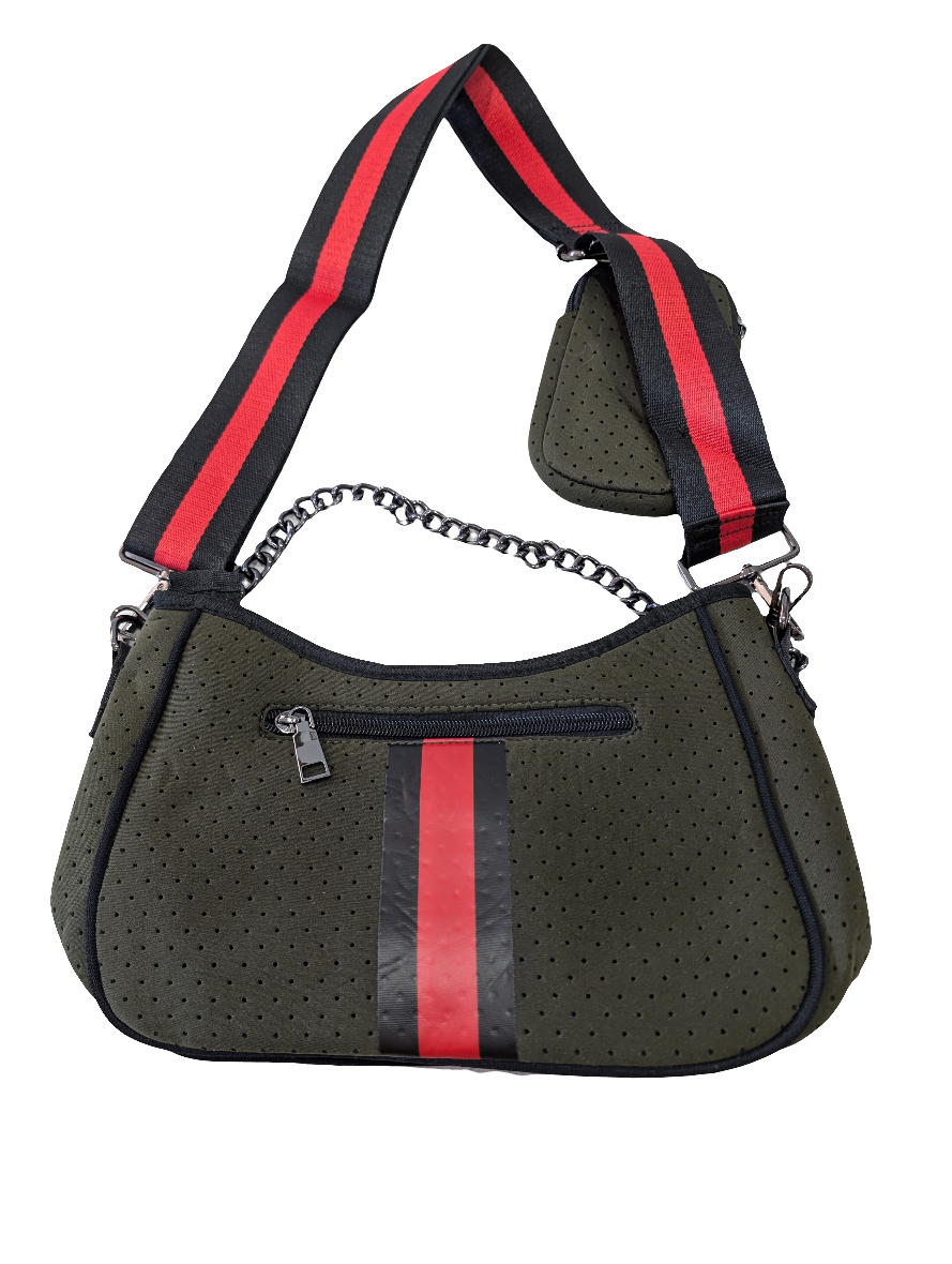 Handbag Neoprene with pouch - Army Green/Red