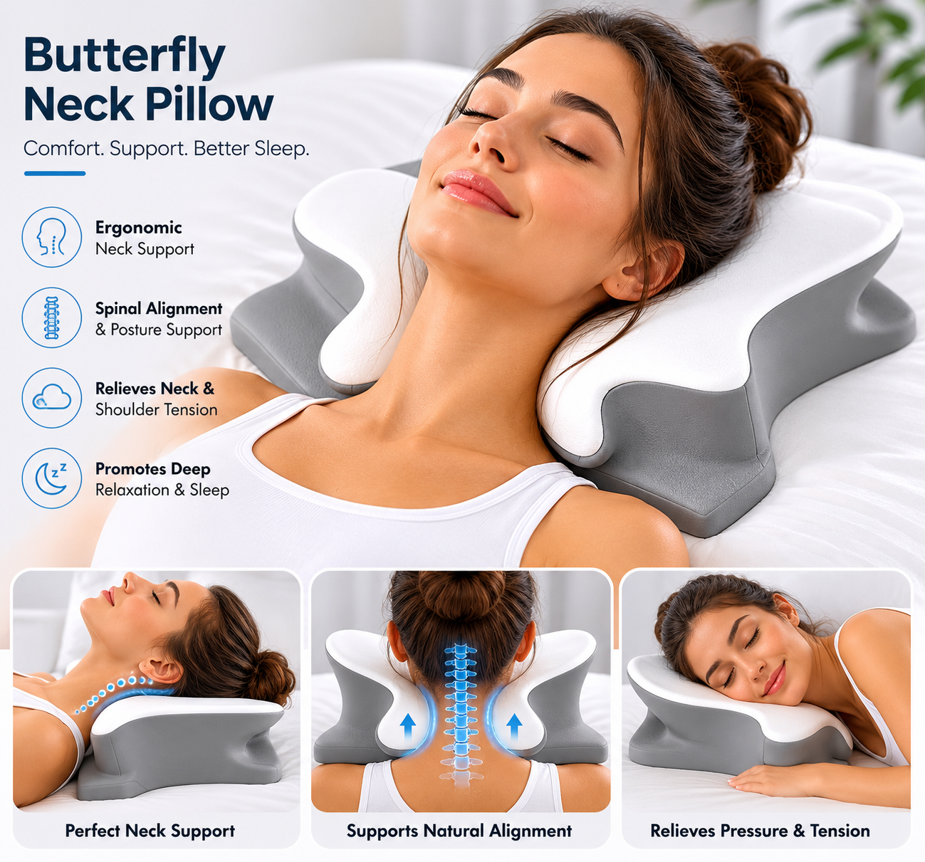 Ergonomic Butterfly Neck Pillow - White/Grey