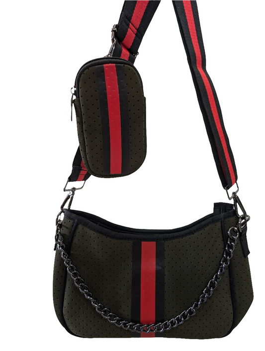 Handbag Neoprene with pouch - Army Green/Red