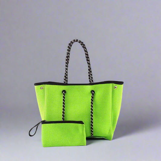 Neon Green Neoprene Tote (Medium) with pouch and ribbon scarf - by Satchella Originals
