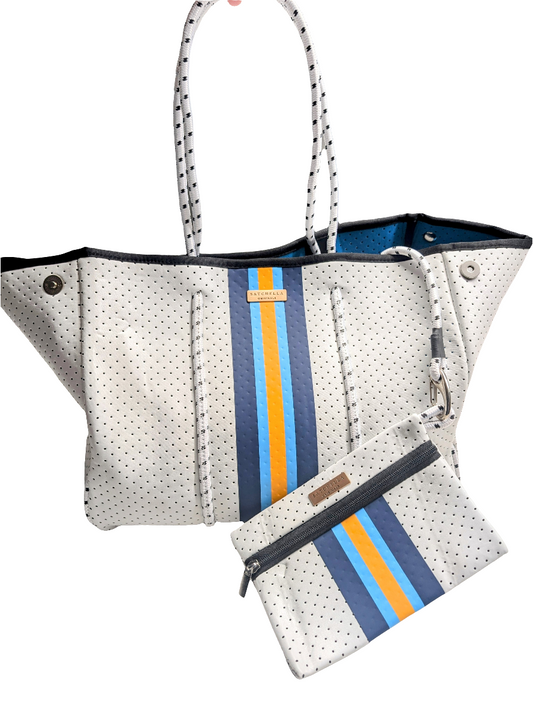 Printed Neoprene Tote Bag (Large) with detachable pouch by Satchella Originals - Blue/White