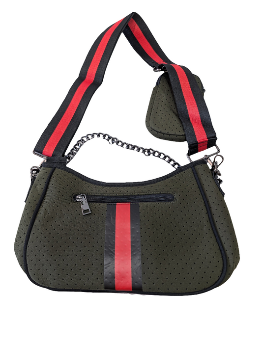 Handbag Neoprene with pouch - Army Green/Red